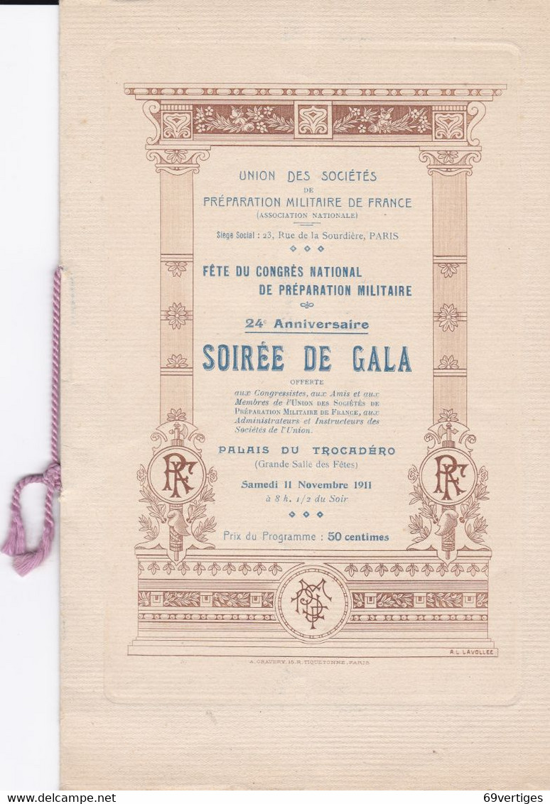 FETE DU CONGRES NATIONAL DE PREPARATION MILITAIRE, Soirée De Gala, 11 Novembre 1911 - Programmes