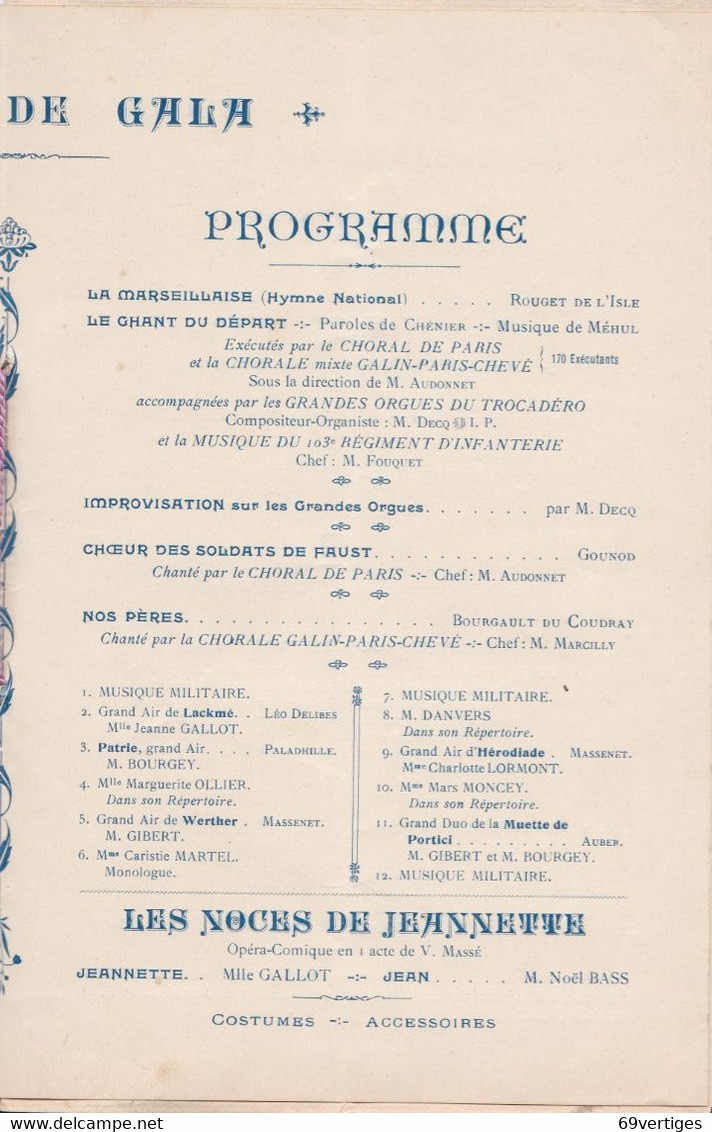 FETE DU CONGRES NATIONAL DE PREPARATION MILITAIRE, Soirée De Gala, 11 Novembre 1911 - Programmes