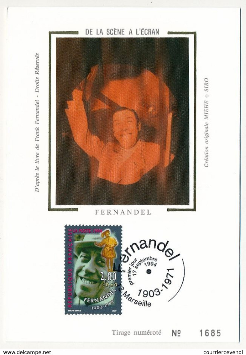 FRANCE =>  6 Cartes/Soie - Scène à L'écran : Coluche, Fernandel, J. Baker, Y. Printemps, Bourvil, Montand - 1994 - 1990-1999