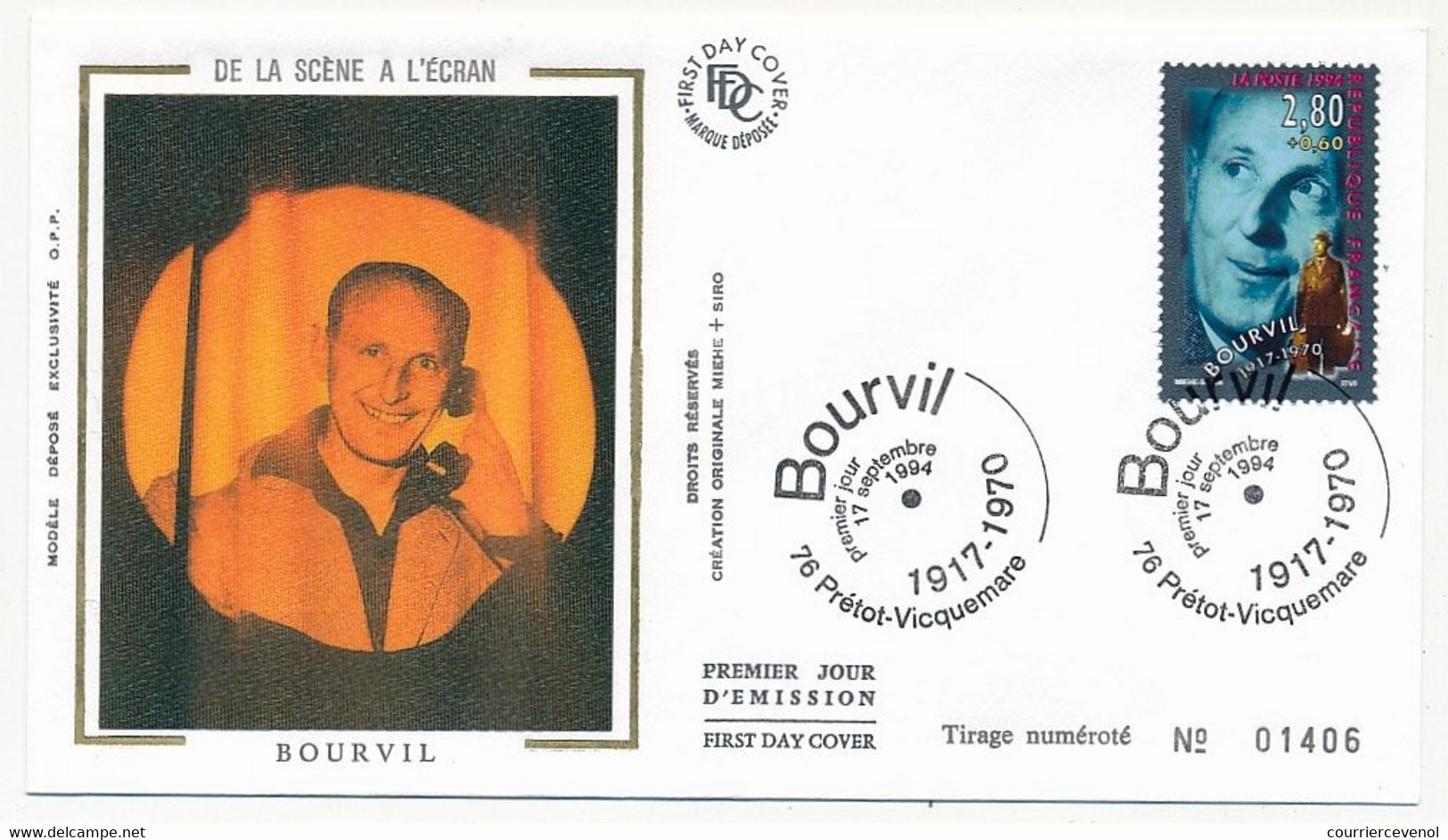 FRANCE =>  FDC/ Soie - "De La Scène à L'écran" - Bourvil - 17 Sept. 1994 - 1990-1999