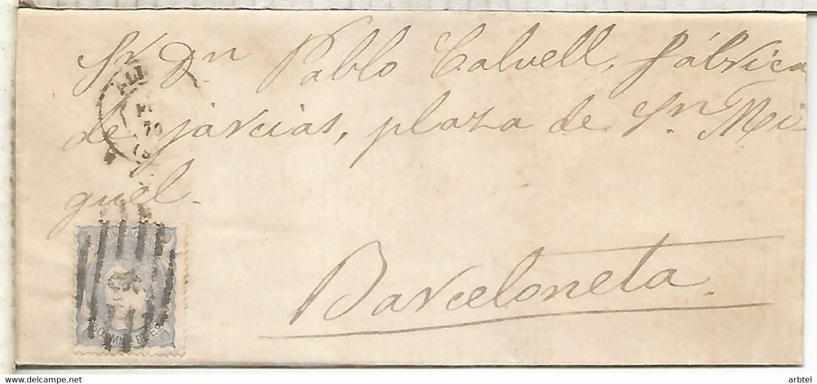 ISABEL II ENVUELTA DE ALICANTE A BARCELONETA BARCELONA 1870 PARRILLA NUMERADA 9 - Covers & Documents