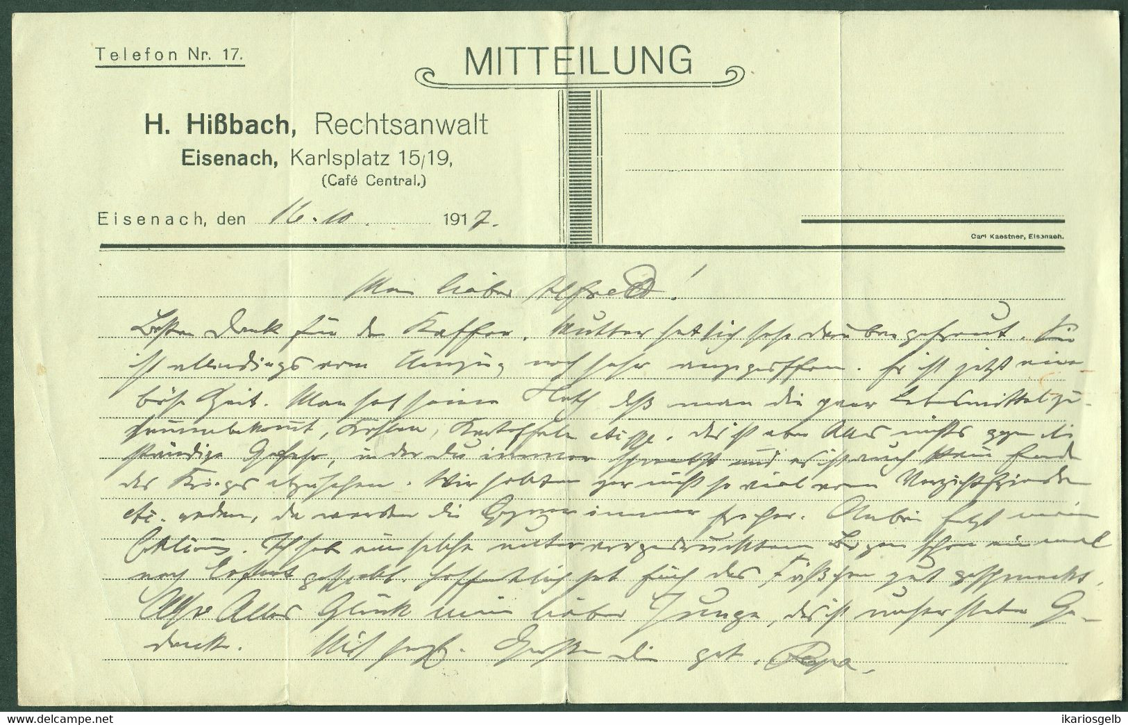 Deutschland Thüringen Eisenach Rechnung Deco 1917 " H.Hißbach Karlsplatz 15/19 Cafe Central " Jugendstil - Sonstige & Ohne Zuordnung