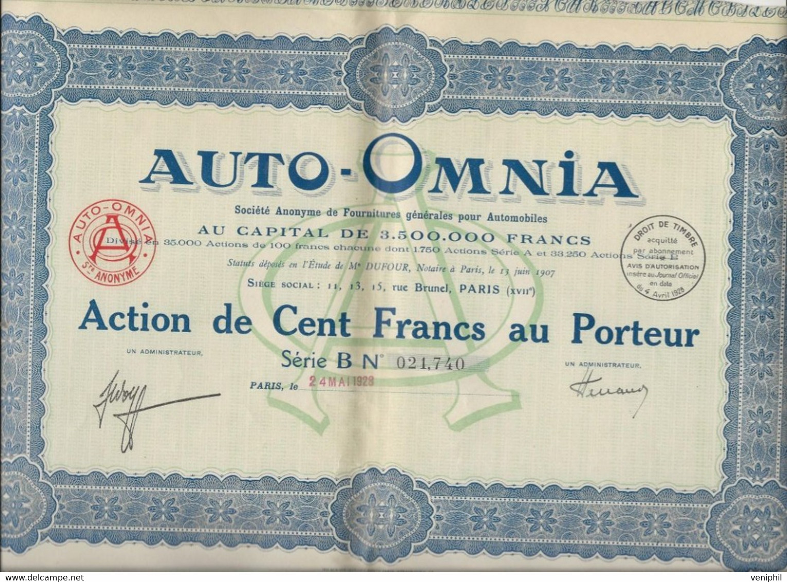 AUTO-OMNIA - ACTION DE CENT FRANCS - ANNEE 1928 - Automobile