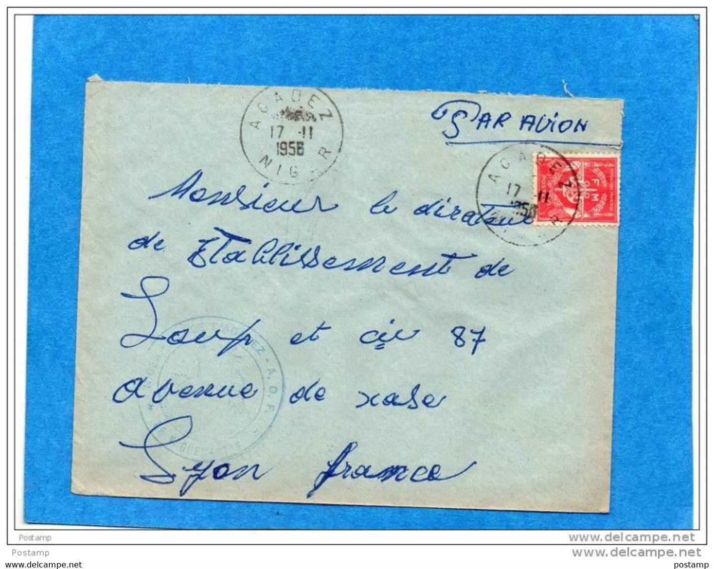 MARCOPHILIE-lettre-FM -Niger->Françe Cad-1958-Agadez+ Cachet Vaguemestre-1956- AOF -stamps-FM N°12 - Storia Postale
