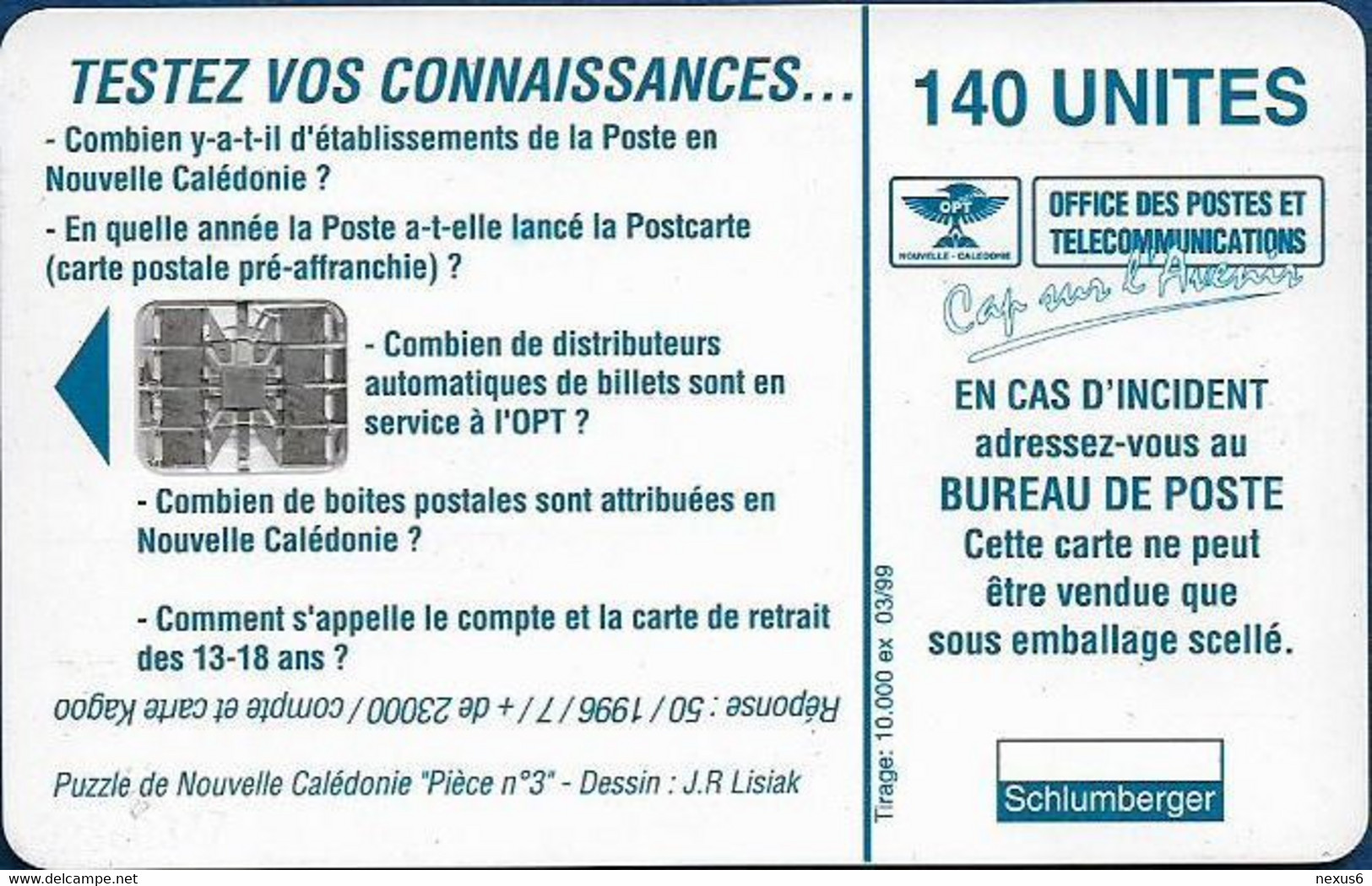 New Caledonia - OPT - Caledonia Puzzle 1/6, SC7, 03.1999, 140Units, 10.000ex, Used - New Caledonia