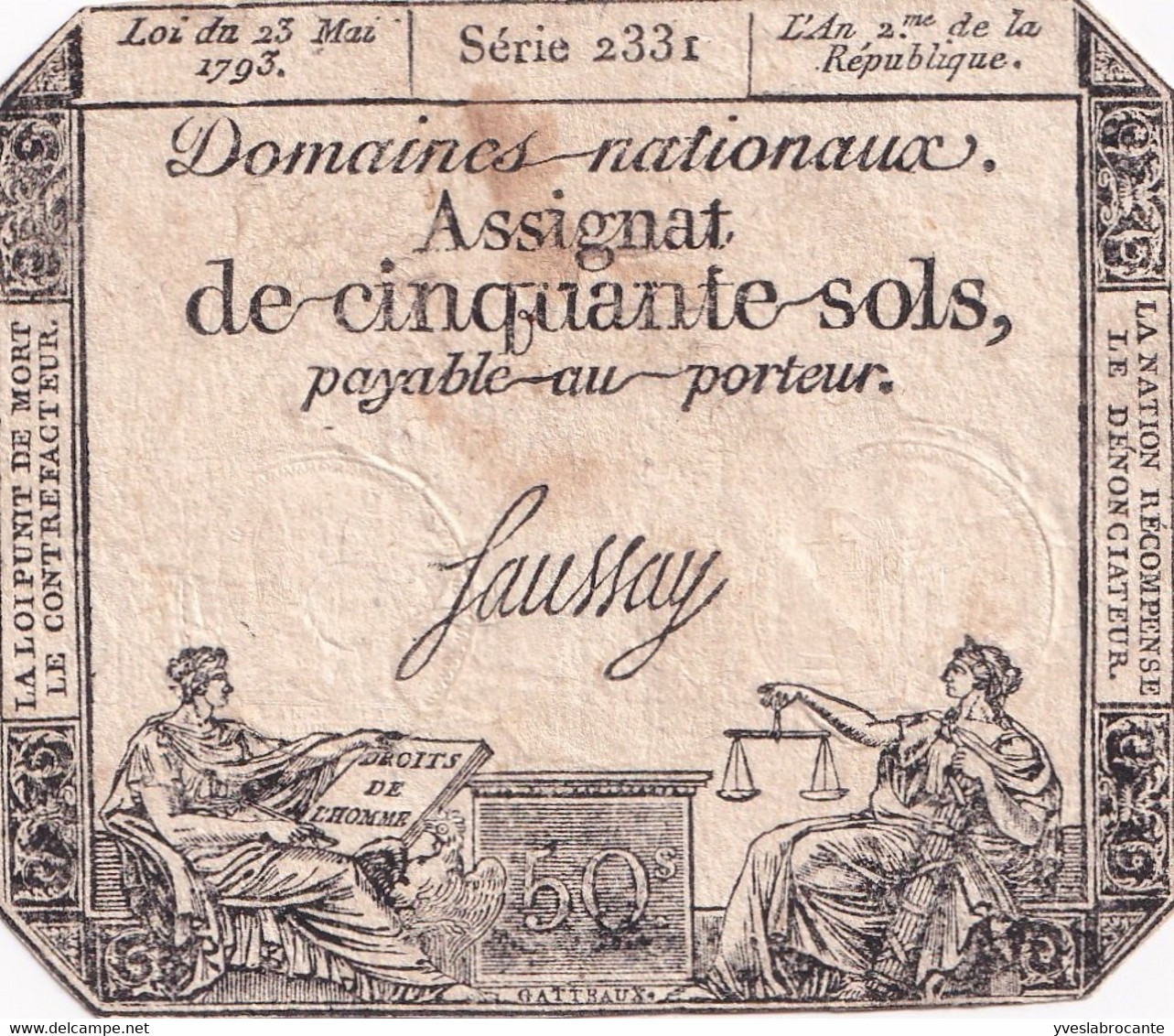 Assignat De Cinquante Sols - 23 Mai 1793 - L'an 2 De La République - Série 2331 - Signé SAUSSAY - Assignats