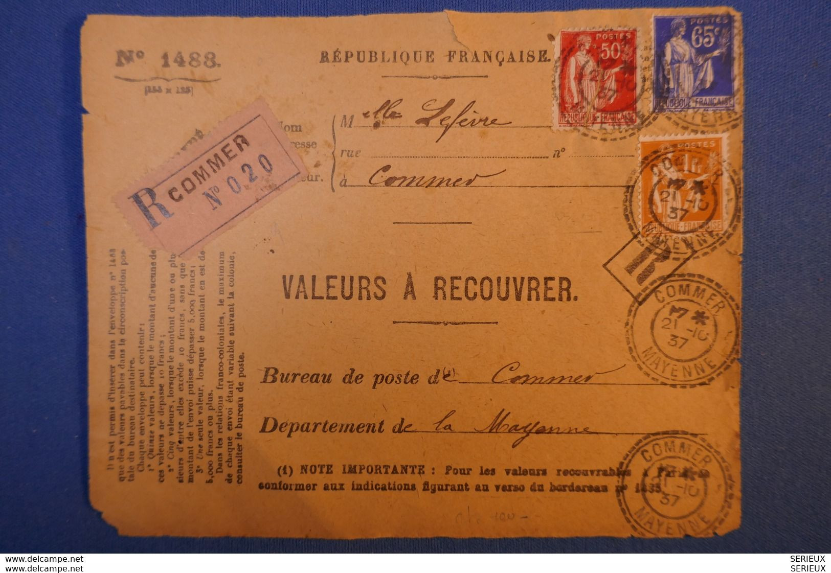 529 FRANCE  1937 VALEUR A RECOUVRER MAYENNE A COMMER RECOMMANDé AFFRANCHISSEMENT INTERESSANT - Storia Postale