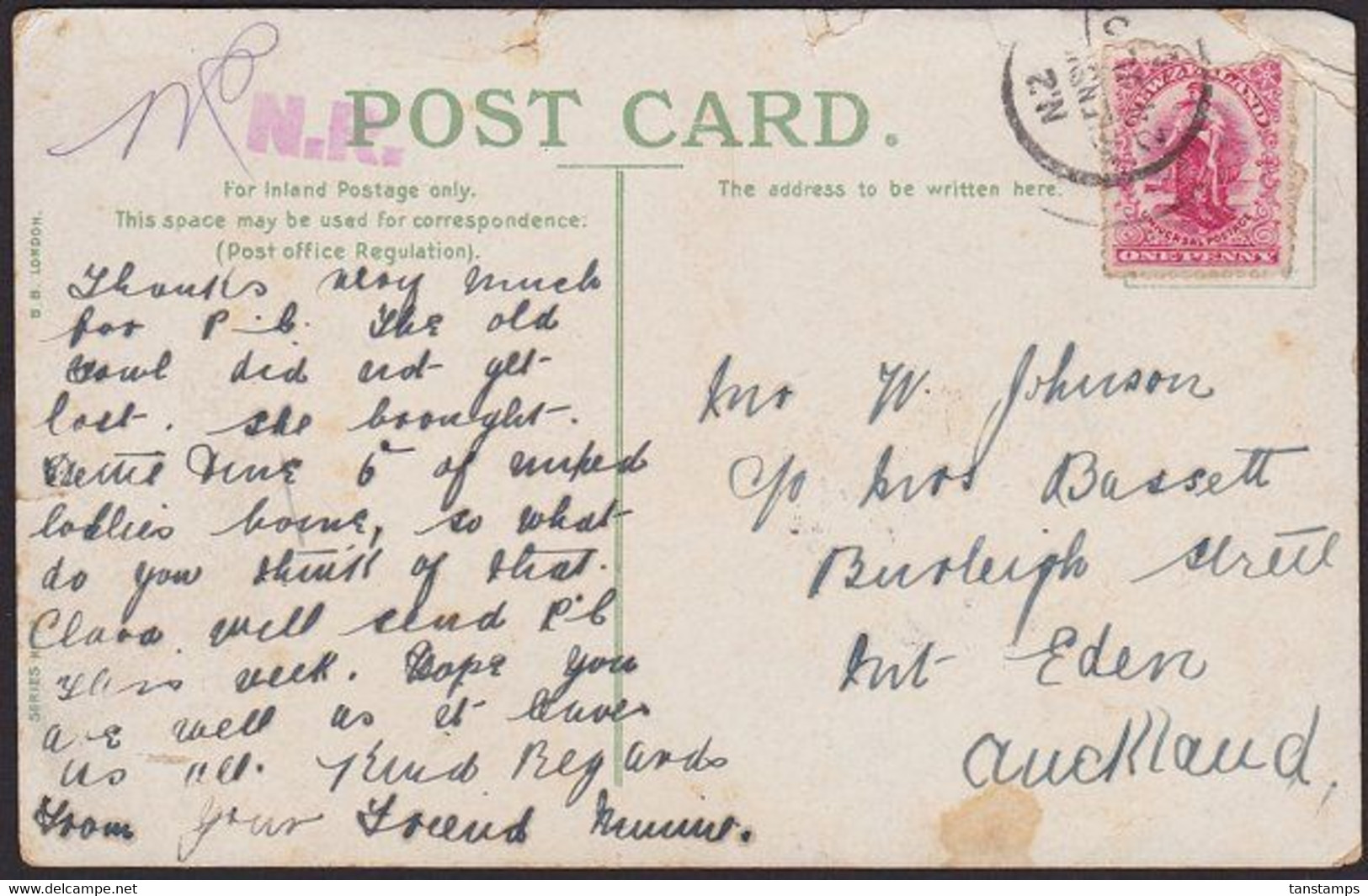 NZ 1d UNIVERSAL LOCAL POSTCARD HANDSTAMPED & ENDORSED "NR" - Lettres & Documents