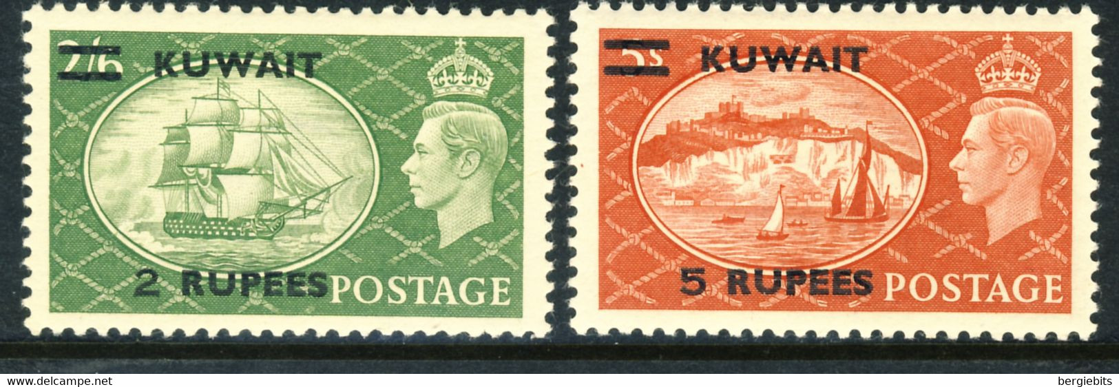 1950-51 Kuwait MLH OG 2 Top Values "Sailing Ships" Overprinted Kuwait Yt 100-101 - Koeweit