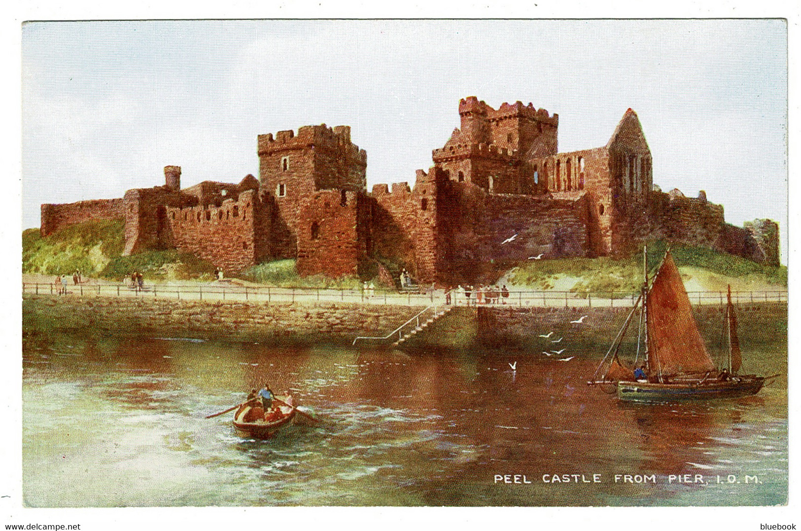 Ref 1398 - Art Colour Postcard - Peel Castle & Fishing Boats From The Pier - Isle Of Man - Isle Of Man