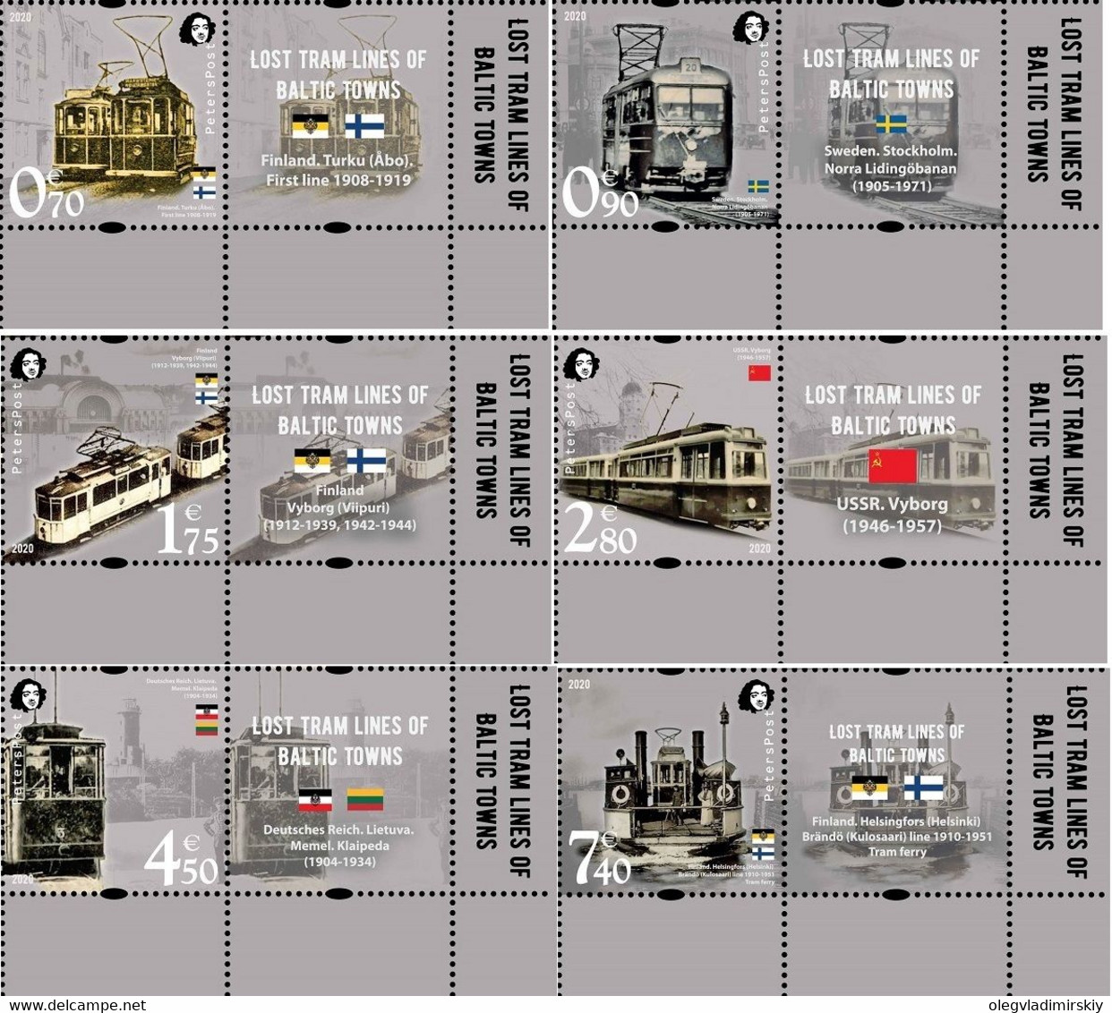 Finland. Peterspost. Lost Tram Lines Of Baltic Towns, Set Of 6 Stamps With Labels - Andere & Zonder Classificatie