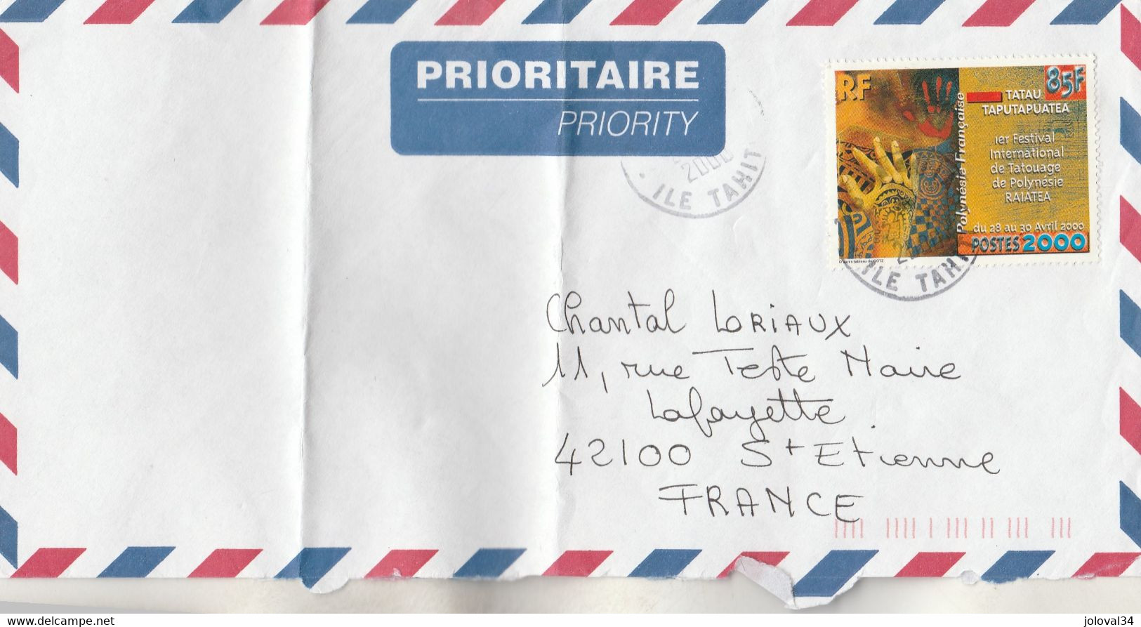 Polynésie Yvert 614 Tatouage 2000 Lettre à St Etienne Loire - Storia Postale