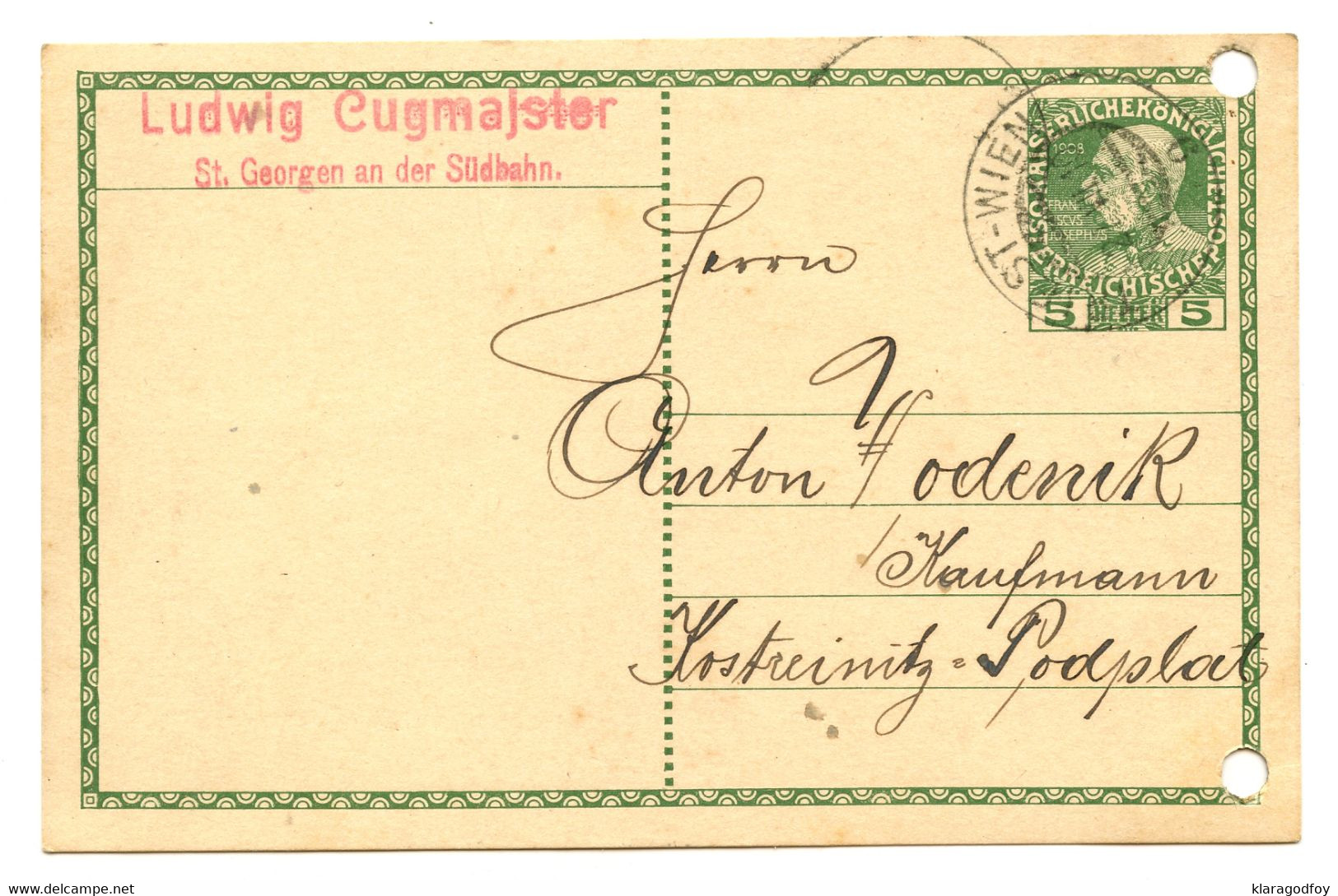 Ludwig Cugmajster, St. Georgen An Der Südbahn (Sveti Jurij Ob Južni železnici) Postal Stationery 1910 Triest-Wien Pmk - Slowenien