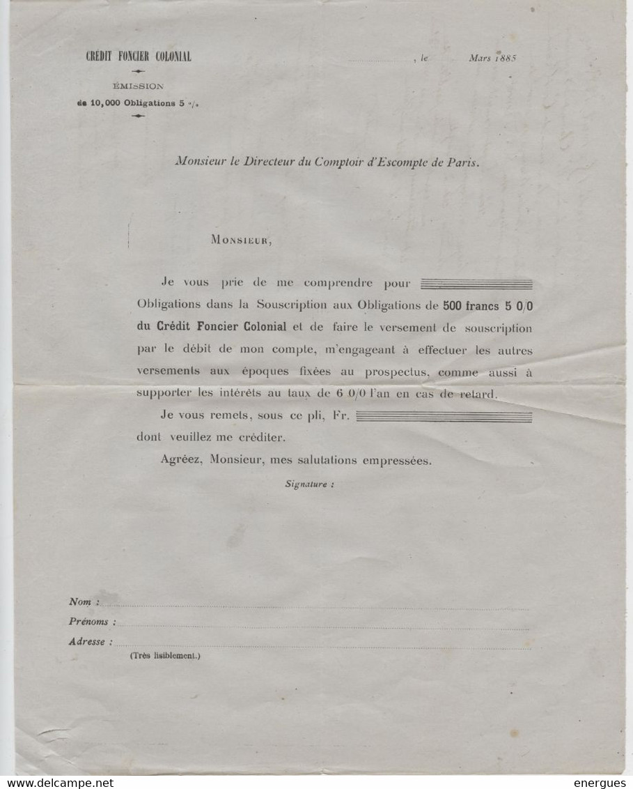 Crédit Foncier Colonial,1885, Emission, Obligations, Document Vierge De Versement , Comptoir D'escompte Paris - A - C