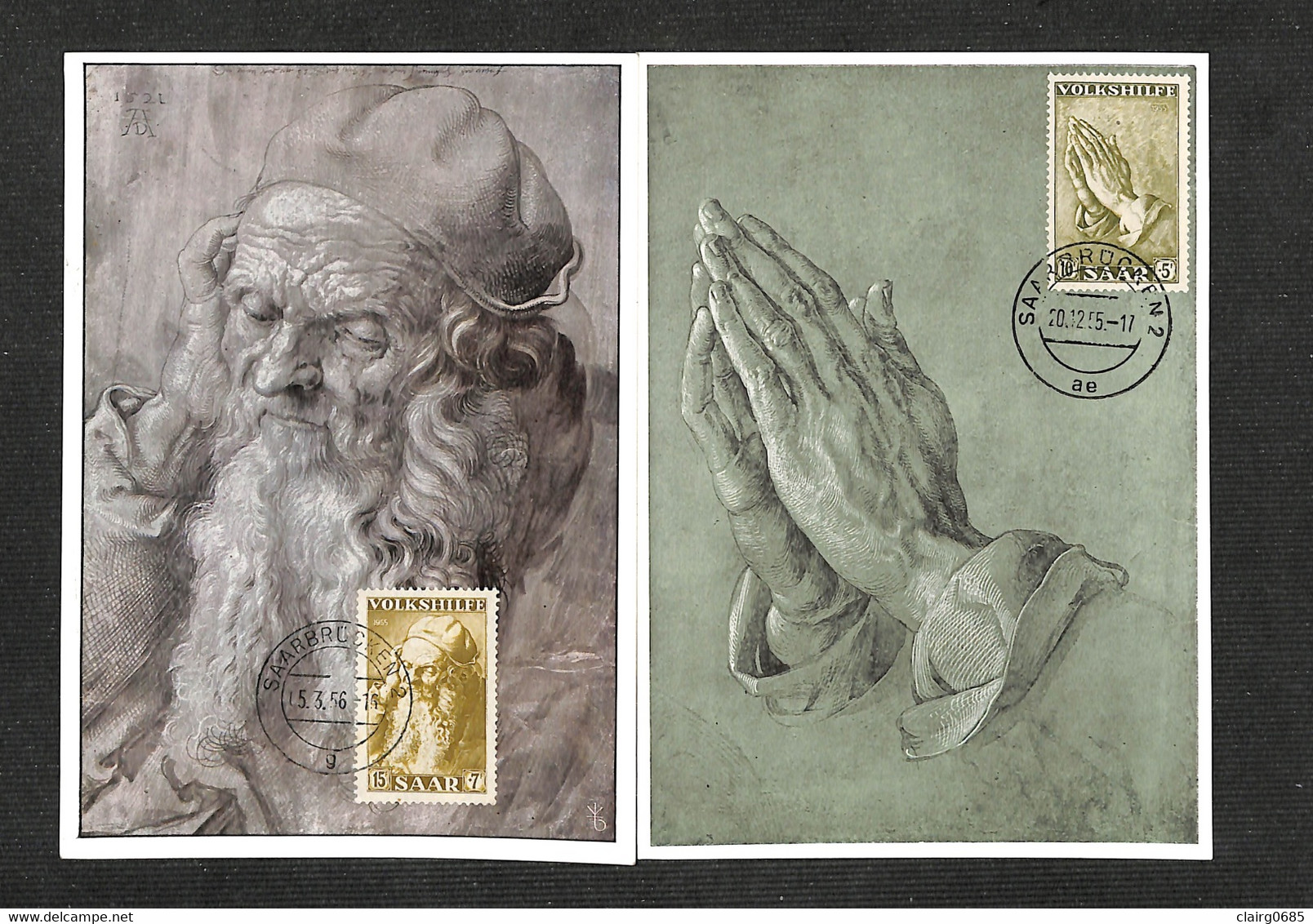 SARRE - SARR - SAARBRUCKEN - 2 Cartes Maximum 1955 - 1956 - Albrecht DÜRER - Alter Mann - Betende Hände - Cartoline Maximum