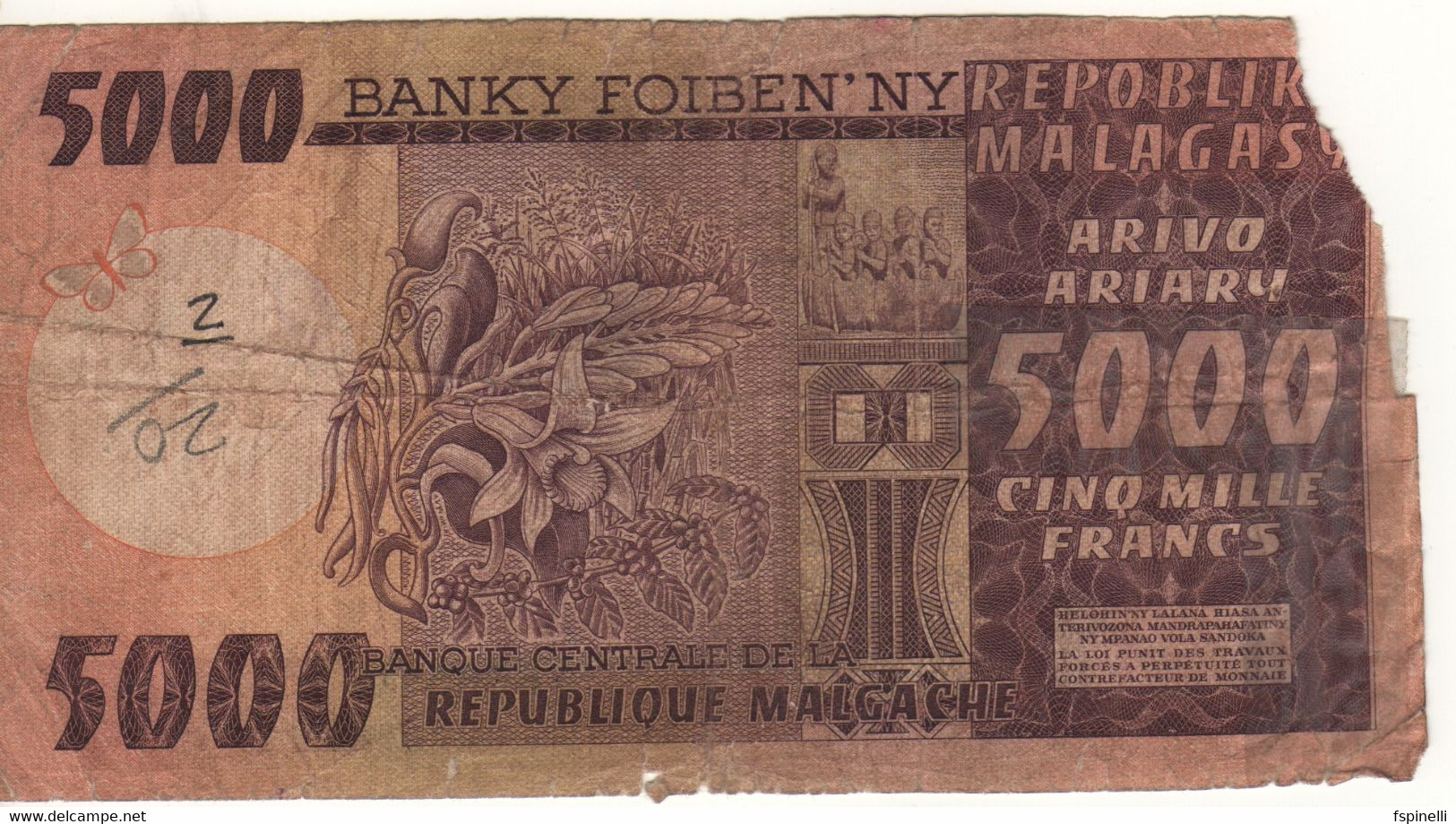 MADAGASCAR  5'000 Francs/1'000 Ariary  P66   (ND 1974  Zebus, Woman/Coffee, Vanilla, Orchid On Back) - Madagascar