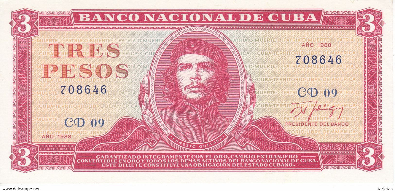 BILLETE DE CUBA DE 3 PESOS DEL AÑO 1988 DEL CHE GUEVARA (BANKNOTE) SIN CIRCULAR-UNCIRCULATED - Kuba