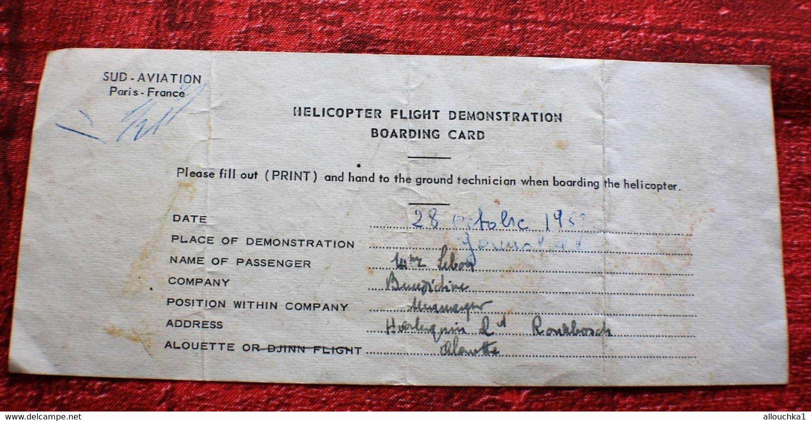 Rare Billet Embarquement HELICO 1957 SUD AVIATION PARIS Certif HÉLICOPTÈRE ALOUETTE FLIGHT DEMONSTRATION BOARDING CARD - Flight Certificates