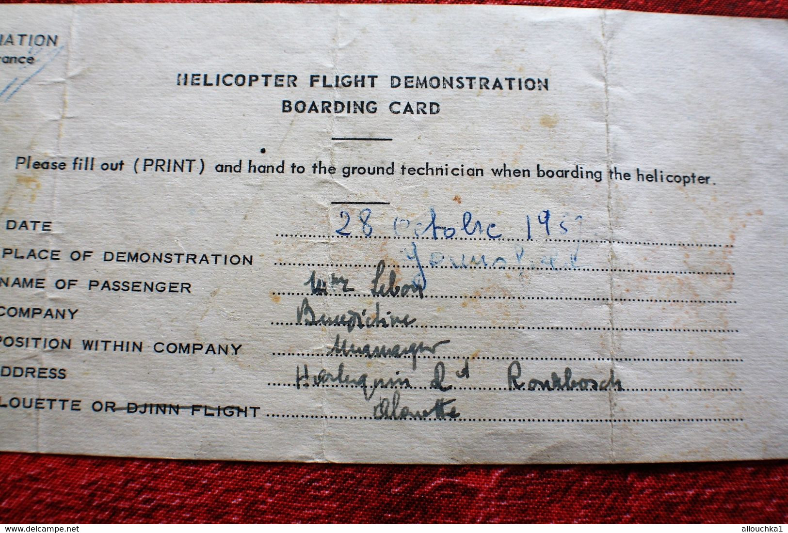 Rare Billet Embarquement HELICO 1957 SUD AVIATION PARIS Certif HÉLICOPTÈRE ALOUETTE FLIGHT DEMONSTRATION BOARDING CARD - Certificats De Vol