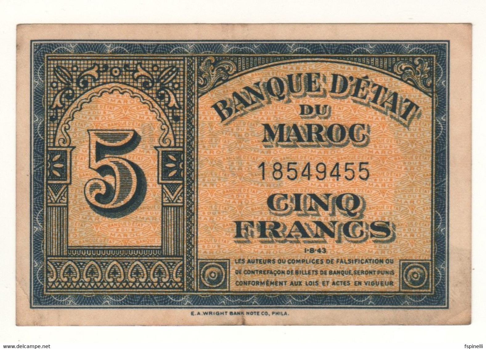 MOROCCO  5 Francs  P24  Dated  1-8-43 - Morocco