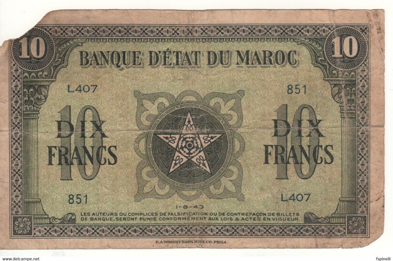 MOROCCO  10  Francs  P25  Dated  1-8-43 - Marokko