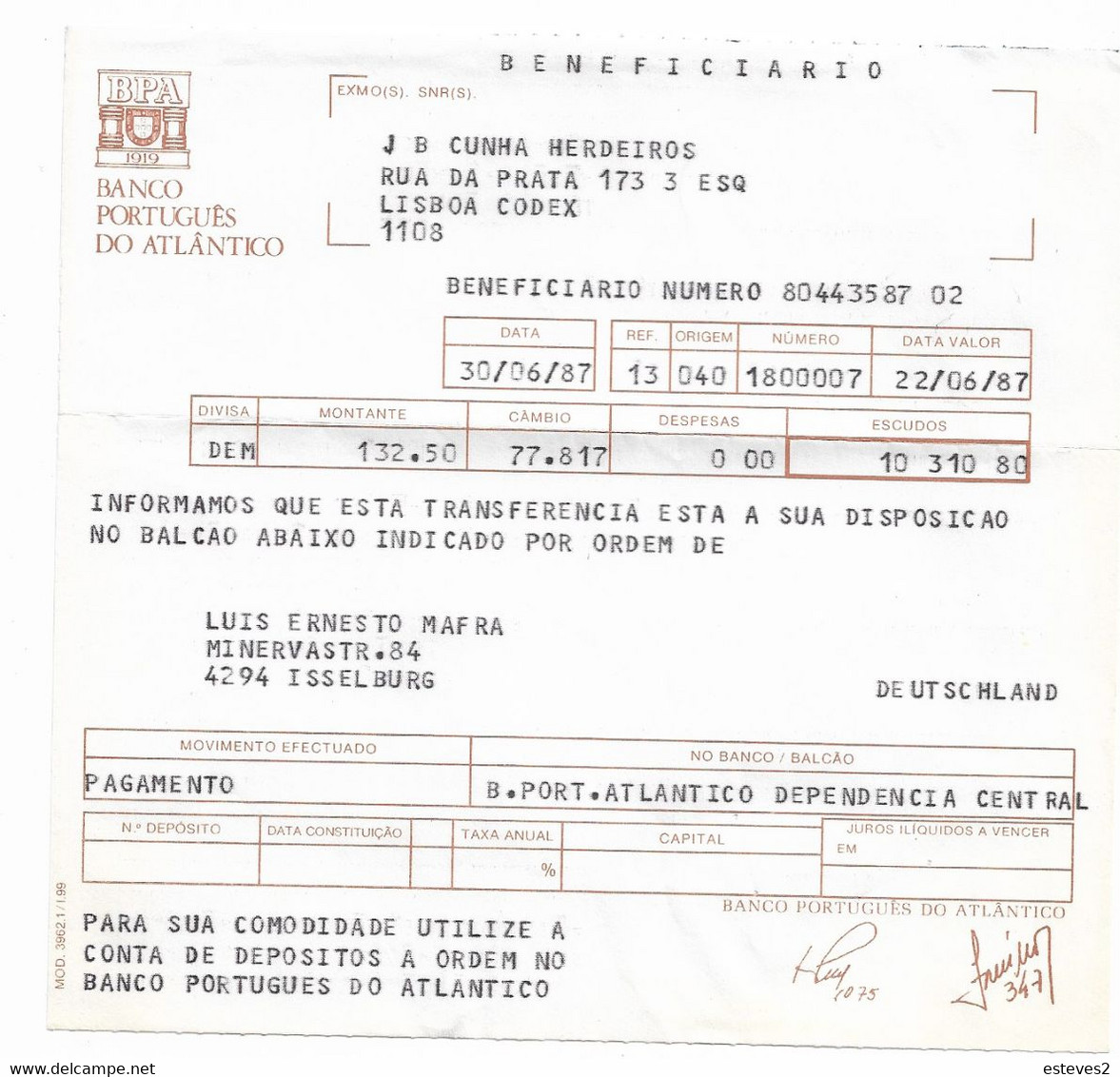 Banco Português Do Atlântico , Proof Of International Bank Transfer From Germany To Portugal - Banco & Caja De Ahorros