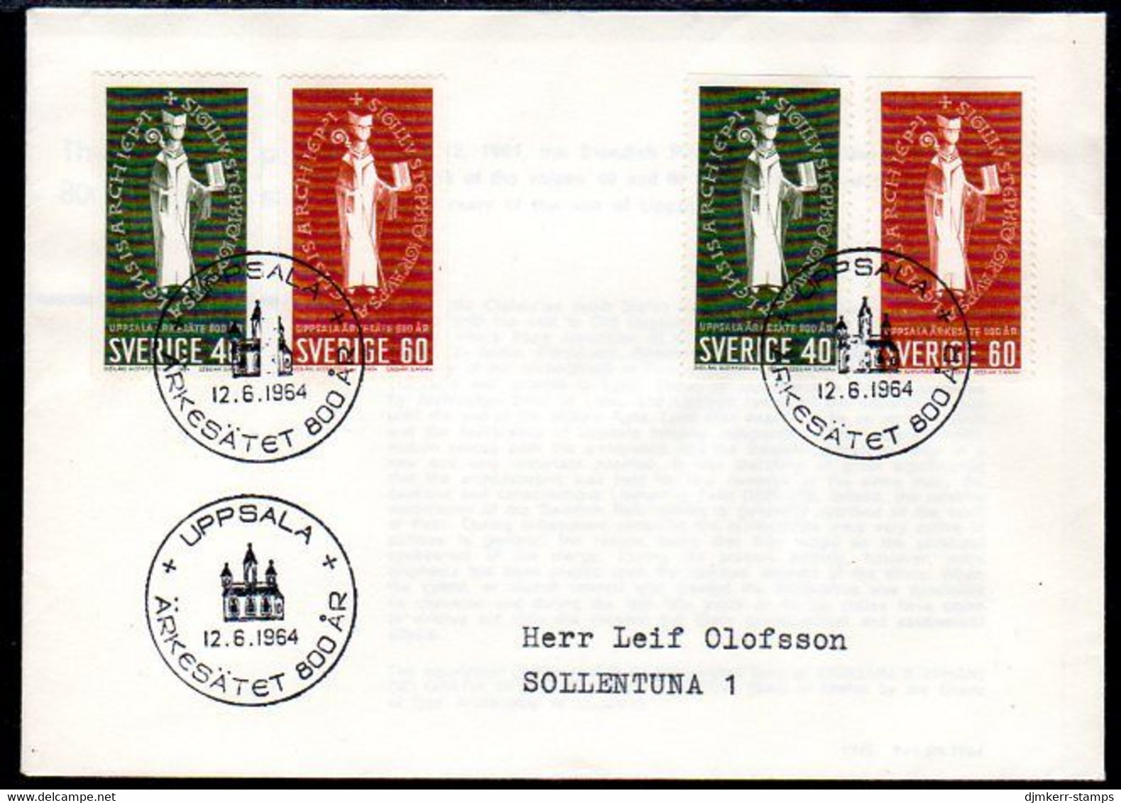 SWEDEN 1964 800th Anniversary Of Uppsala Archbishopric FDC.  Michel 517-18 - FDC