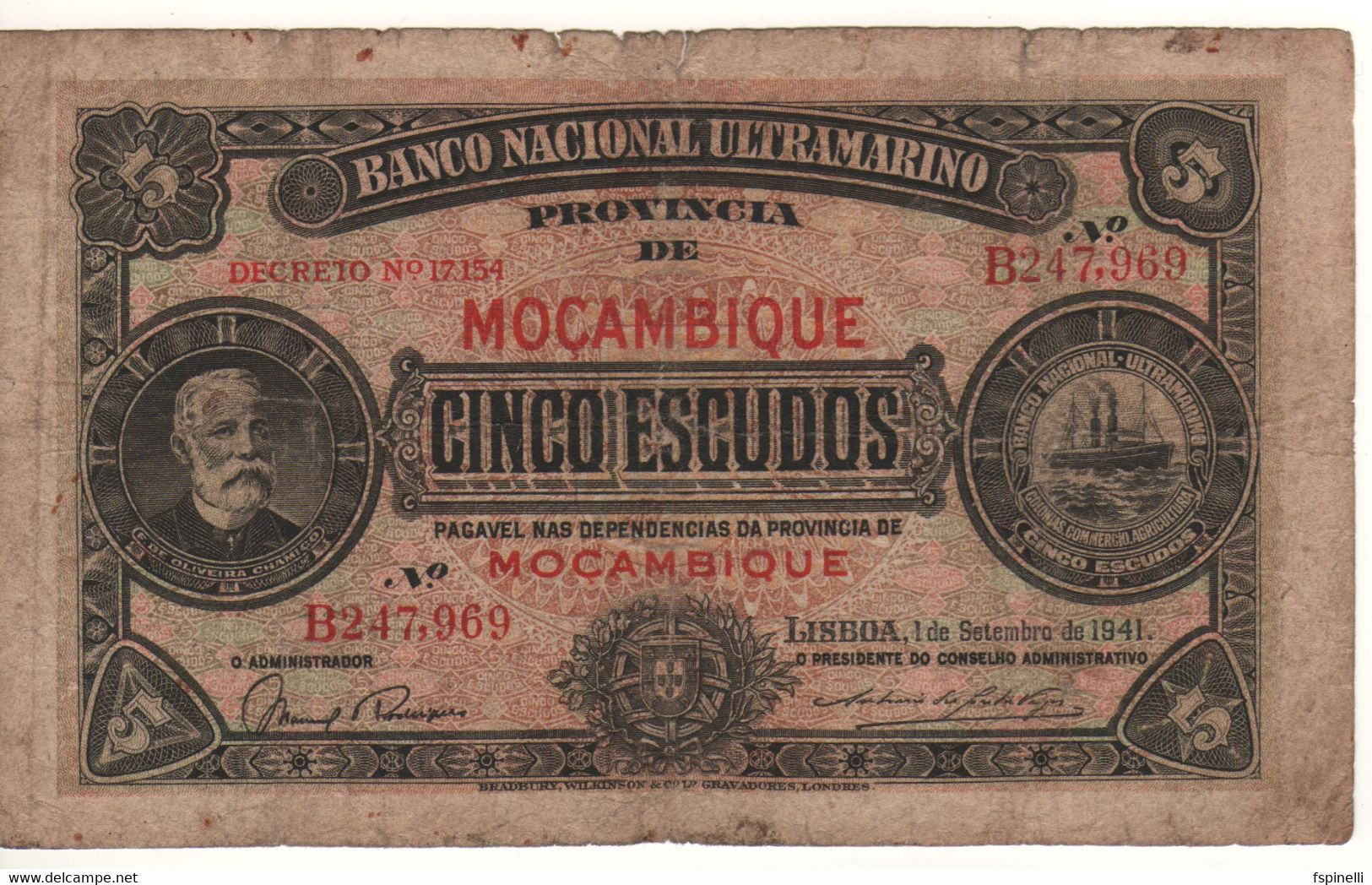 MOZAMBIQUE  5 Escudos  P83  Dated 1.9.1941  ( Francisco De Oliveira Chamico) - Mozambique