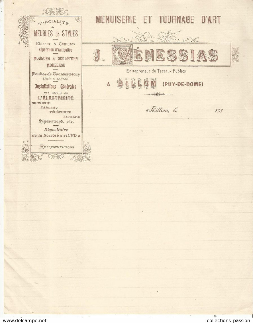 Papier à En Tête De Facture , Menuiserie Et Tournage D'art J. VENESSAIS à BILLON ,Puy De Dôme ,année 10 , Frais Fr 1.55e - 1900 – 1949