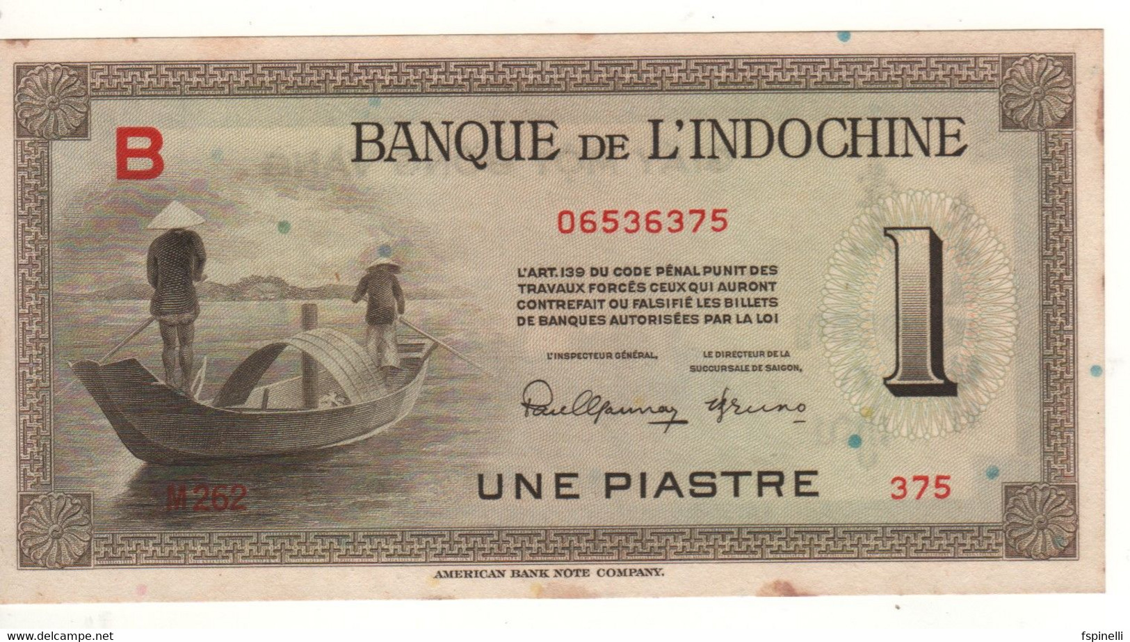 FRENCH INDOCHINA   1  Piastre    P76a   (ND 1945 )   Block Letter B - Indocina