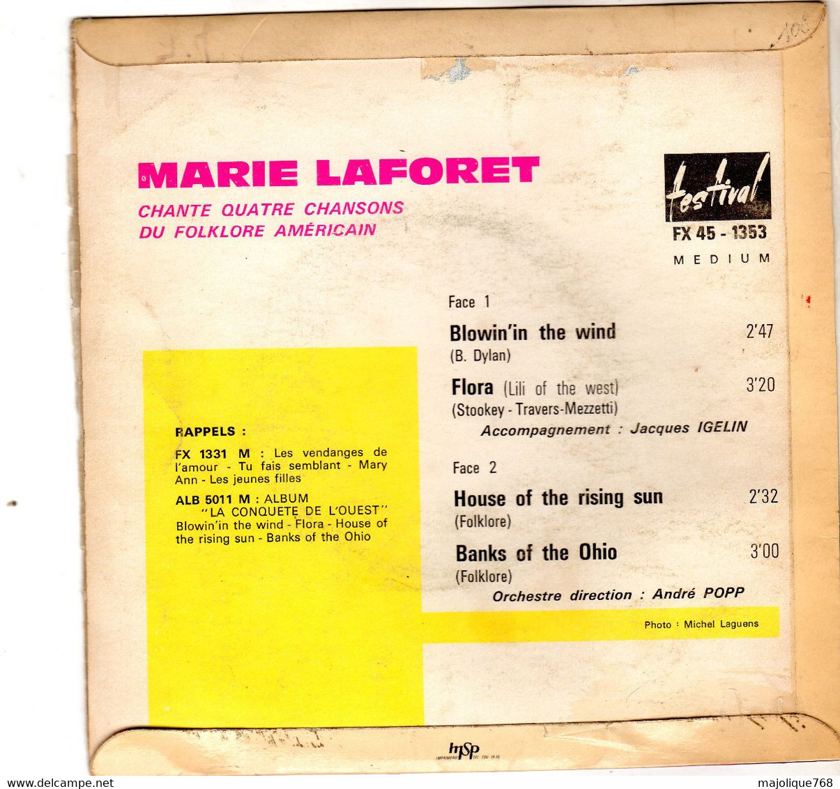 Marie Laforêt ‎– Blowin' In The Wind - , Disques Festival ‎– FX 1353  Vinyl, 7", 45 RPM, EP : France Sortie: 1963 - Country & Folk