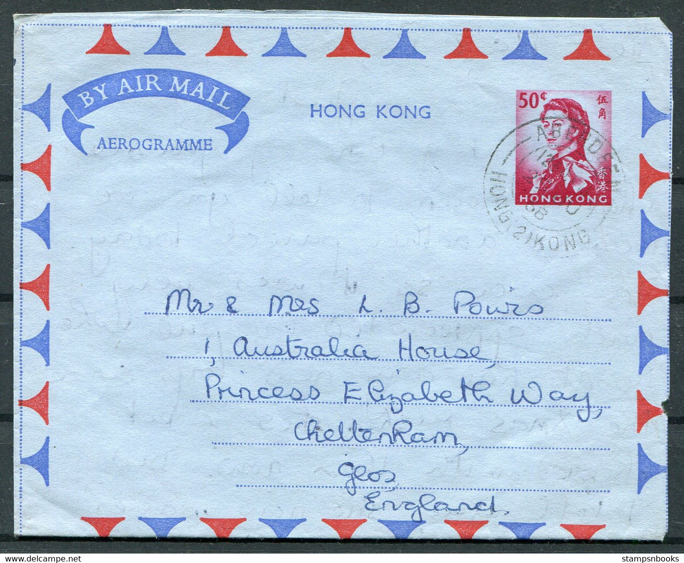 1968 Hong Kong 50c Areogramme, Air Mail Aberdeen - Cheltenham England - Brieven En Documenten