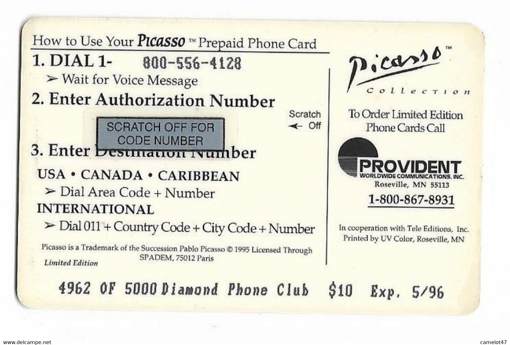 Provident U.S.A., Picasso Painting, $10 Prepaid Phone Card, Expired In 1996, # Picasso-1 - Peinture