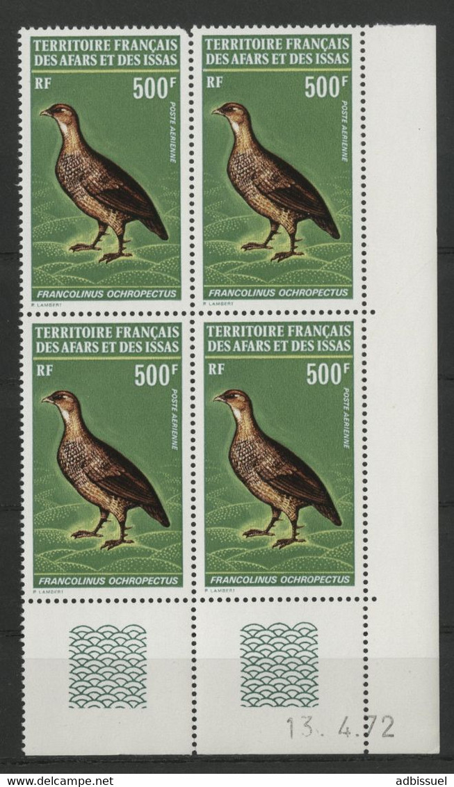 AFARS Et ISSSAS POSTE AERIENNE COTE 192 € N° 71 MNH ** BLOC De 4 Avec Coin Daté FRANCOLINUS OCHROPECTUS. TB - Ungebraucht