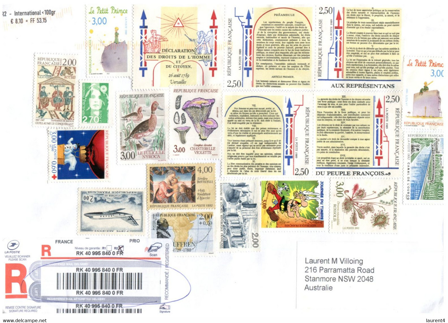 (P 10) (side) France To Australia - 2017 - Registered Letter With Many Stamps (unc-ancelled) - Autres & Non Classés