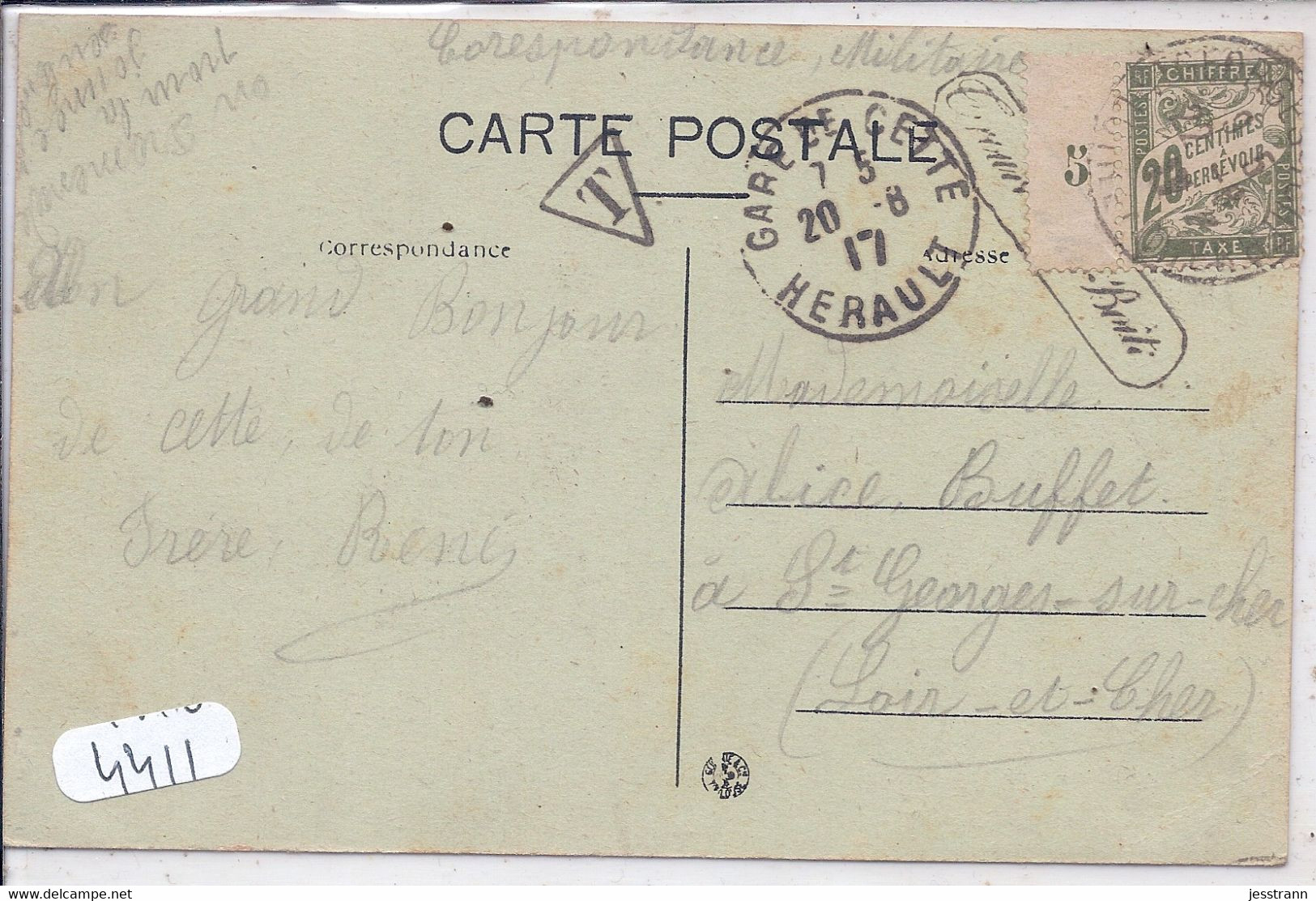 LETTRE TAXEE- CACHET TROUVEE A LA BOITE- TAXEE A 20 C AVEC VIGNETTE MILLESIME 5 ATTENANTE SUR CPA DE CETTE - 1859-1959 Storia Postale