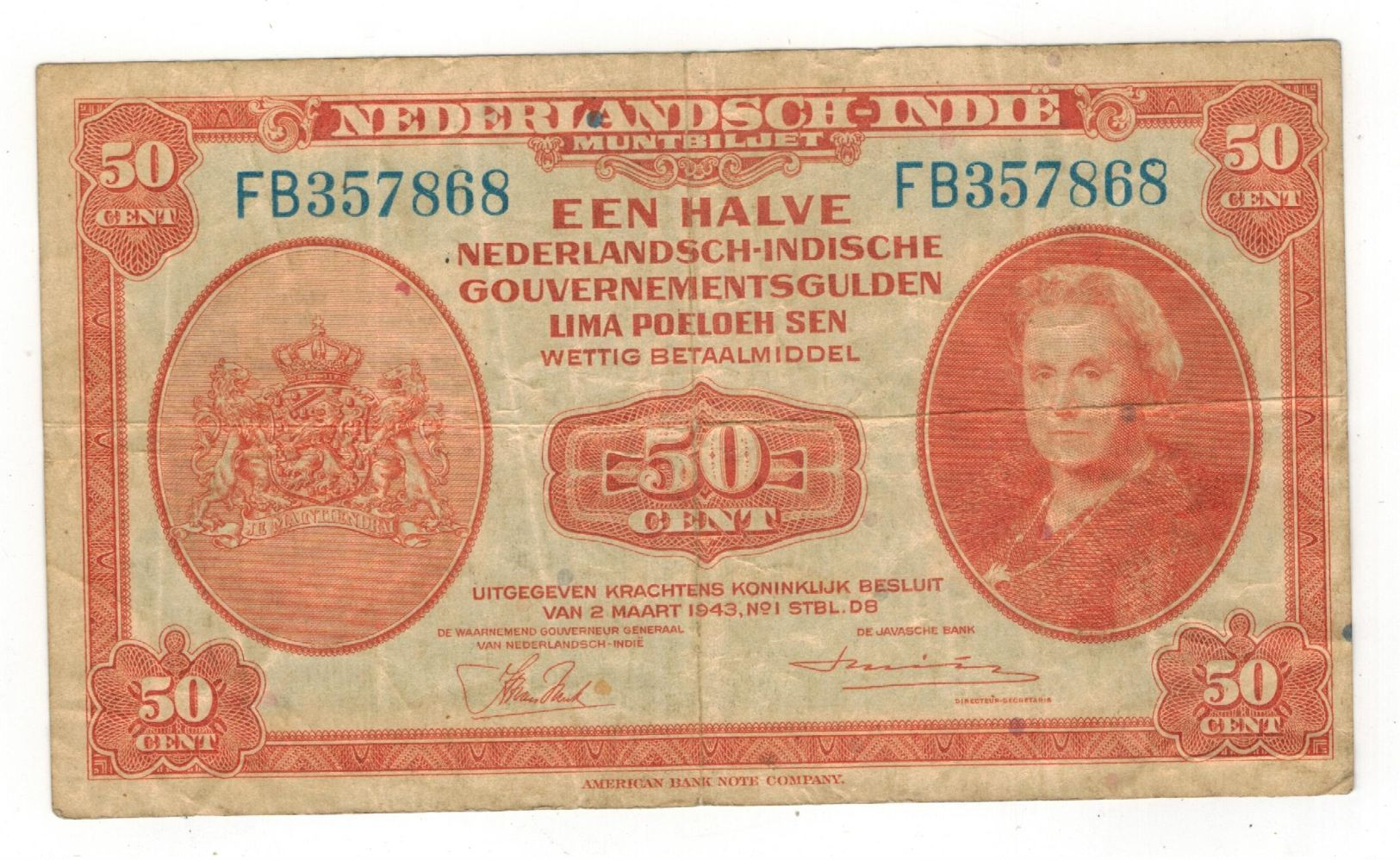 Netherlands Indies, 50 Cents 1943. F/VF. - Dutch East Indies