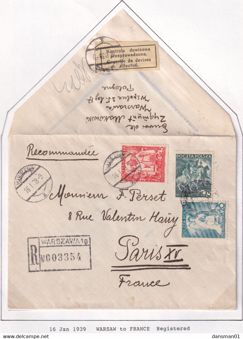 POLAND 1939 Currency Control Label Warsaw Registered Cover To France - Flugzeuge