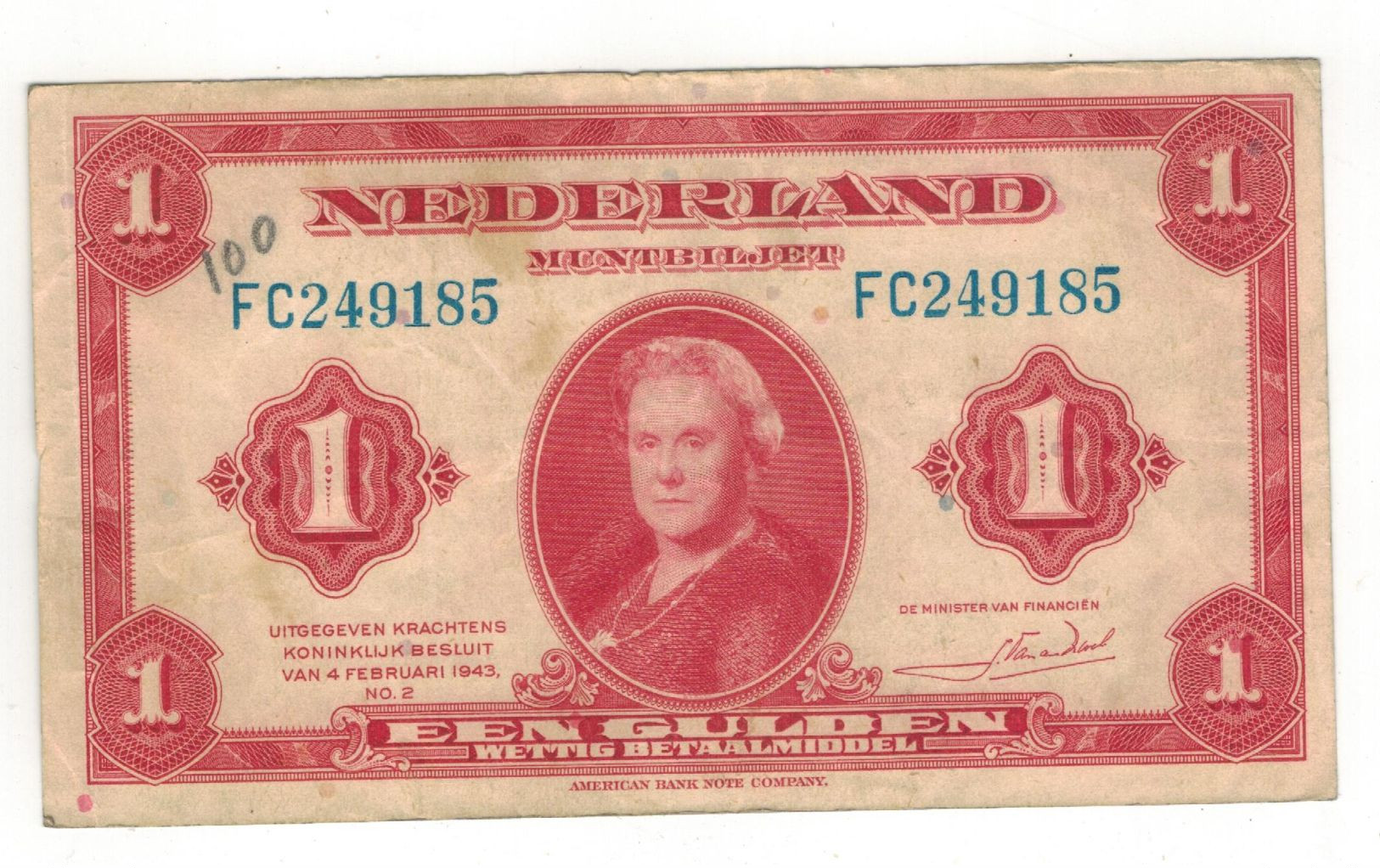 Netherlands, , 1 Gulden 1943. Crisp VF (graff.) - 1 Gulden