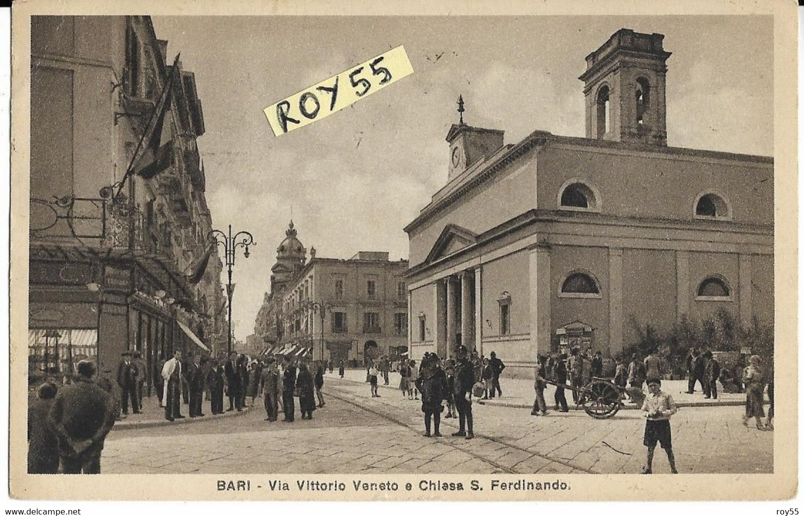 Puglia-bari Via Vittorio Veneto E Chiesa S.ferdinando Animatissima Affollata Veduta Anni 30 (f.picc./v.retro) - Bari