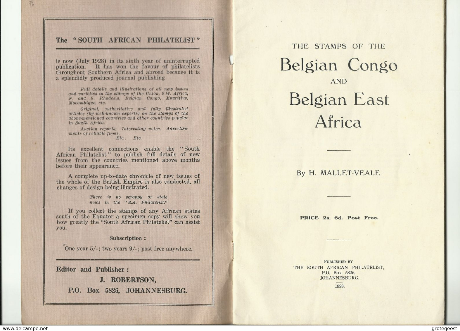 The Stamps Of The Belgian COngo And Belgian East Africa By H.Mallet-Veale, The South African Philatelist Johannesburg, 1 - Colonie E Uffici All'estero