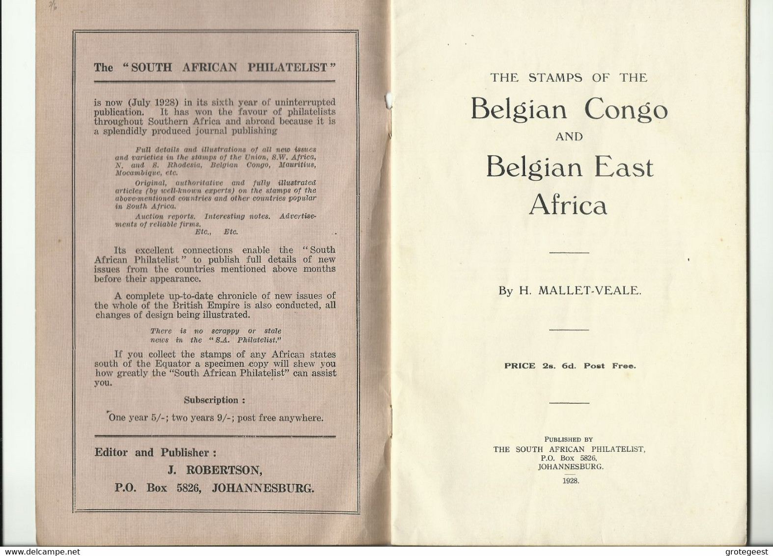 The Stamps Of The Belgian COngo And Belgian East Africa By H.Mallet-Veale, The South African Philatelist Johannesburg, 1 - Colonias Y Oficinas Al Extrangero