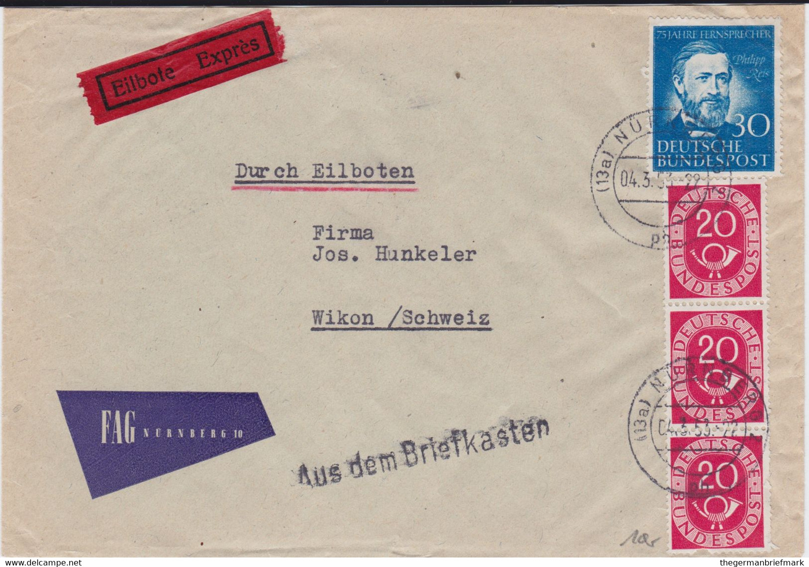 Bund Mi 181 Reis Ua Ausl EilBf L1 Aus Dem Briefkasten Nürnberg 1953 R - Storia Postale