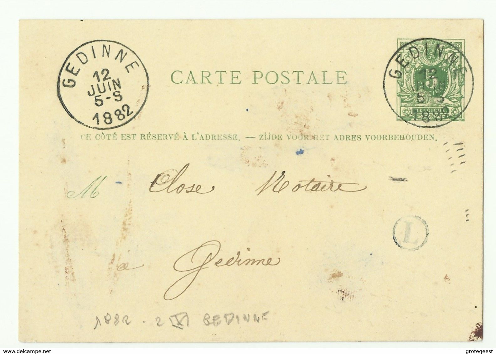 E.P. Carte 5c. Vert, Obl. Sc GEDINNE 12 Juin 1882 + Boîte L De BOURSEIGNE-NEUVE - 16065 - Tarjetas 1871-1909