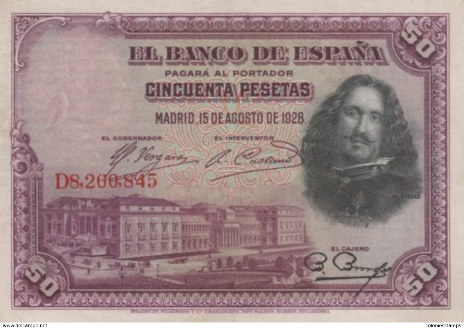 (B0035) SPAIN, 1928. 50 Pesetas. P-75b. XF-/VF+ - 50 Peseten