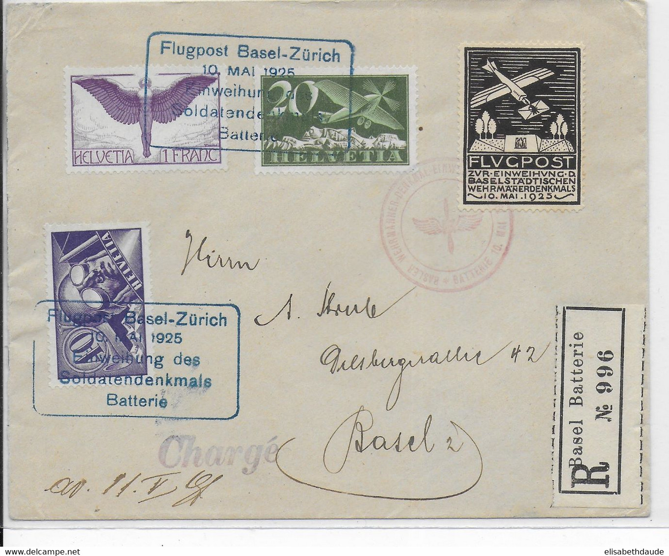 SUISSE - 1925 - ENVELOPPE RECOMMANDEE Avec POSTE AERIENNE + VIGNETTE RARE De BASEL BATTERIE - FLUGPOST BASEL-ZÜRICH - Otros & Sin Clasificación