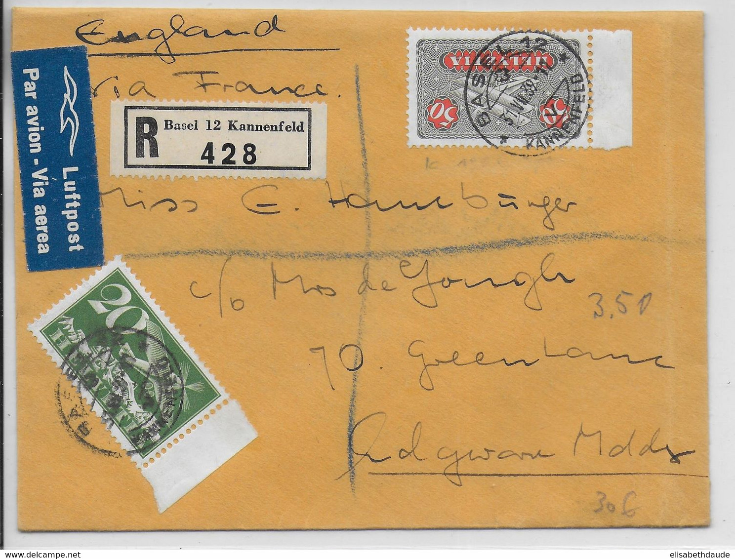 SUISSE - 1939 - ENVELOPPE RECOMMANDEE POSTE AERIENNE Dfe BASEL => ANGLETERRE - Andere & Zonder Classificatie