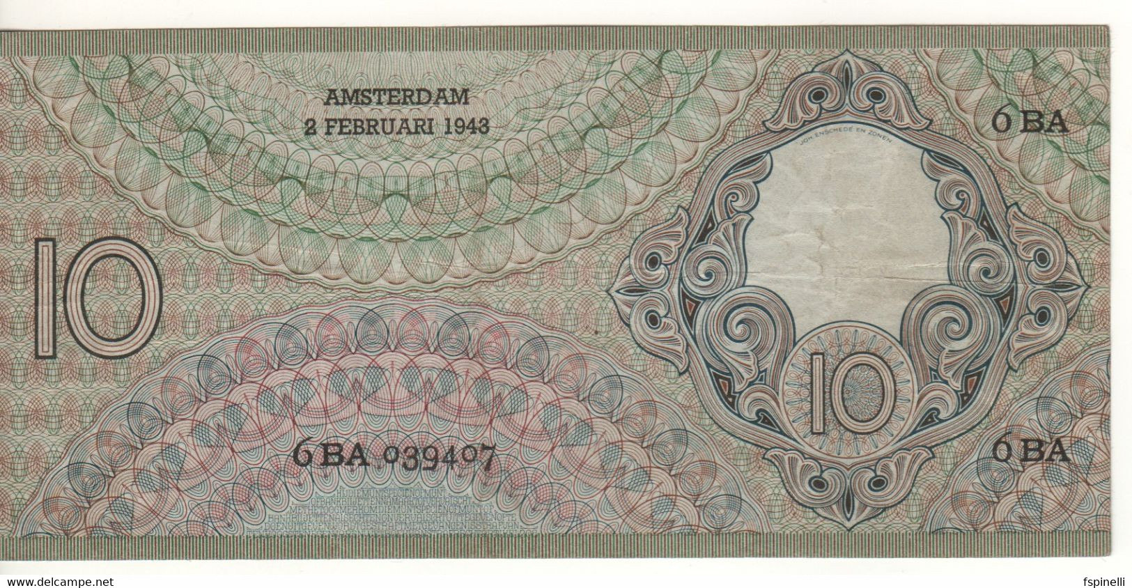 NETHERLANDS  10  Gulden   P59   Dated   2.2.1943   ( Sampling Official Volckert Jansz ) - 10 Florín Holandés (gulden)