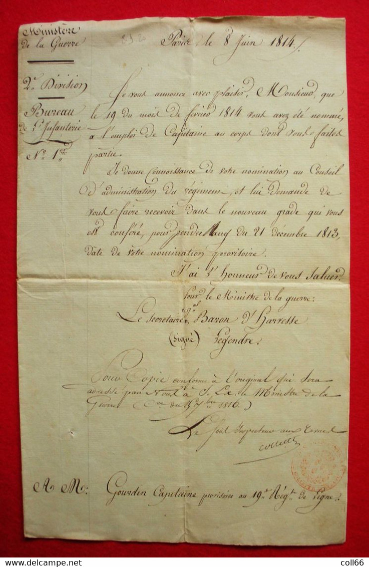 1814 Las Double De Lettre Nomination De François Gourdin Capitaine 19 RI Ligne Baron D'Harvesse Legendre - Historical Documents