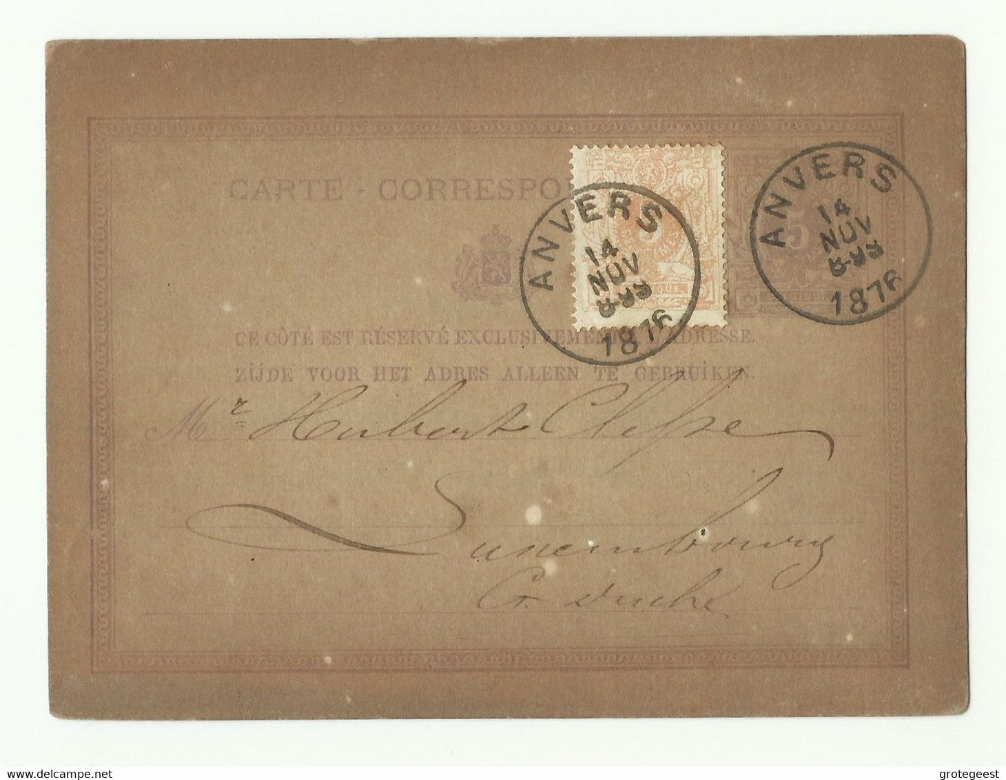 N°28 En Complément Sur E.P. Carte 5 C. Lilas, Obl; Sc ANVERS 14 Nov. 1876 Vers Le Grand-Duché De Luxembourg.  (Destinati - Briefkaarten 1871-1909